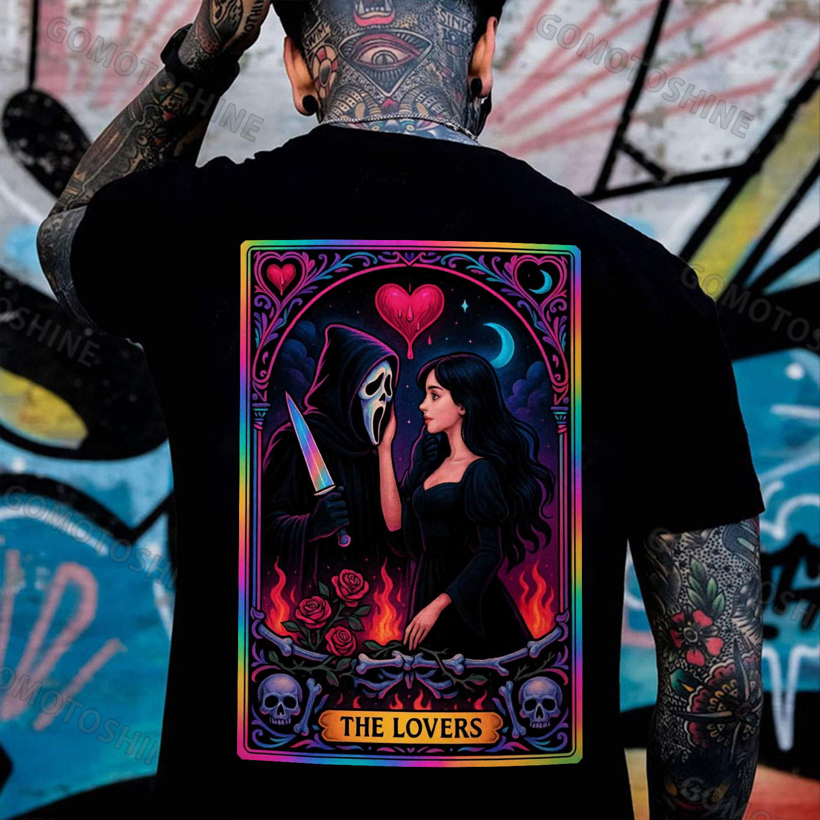 THE LOVERS Skeleton Killer And Sexy Girl Print Men's T-shirt Image - 1